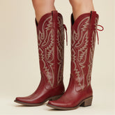 The Withersteen – Red Tall Cowgirl Boots with Bold Embroidery and Lace-Up Back